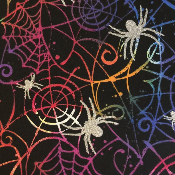 Colorful Spiderwebs with Glitter on Black by Fabric Traditions  Halloween Rainbow spider web Kids Candy Bags Cotton Fabric