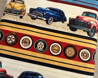 NEW! Half Yard - Route 66 by Michael Miller - Route 66 Border Stripe Travel USA RV Vacation Vintage 1950s Cars Cotton Fabric