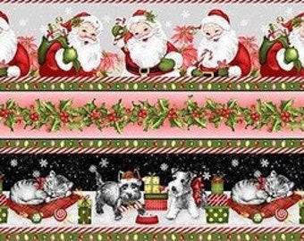 NEW! Half Yard - Candy Cane Lane Border Stripe by Studioe - Santa Claus Dogs Cats Pets Christmas Holiday Cotton Fabric Classic Retro Vibe!