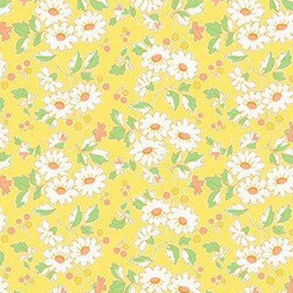 Half Yard - Nana Mae 7 Flower Clusters on Yellow - Reproduction Feedsack 1930s Calico Floral Small Print 30s Cotton Fabric