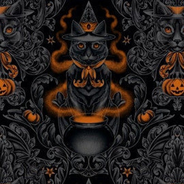 NEW! Half Yard  Storybook Halloween  Black Cat Damask by FreeSpirit  Halloween Vintage Retro Vibe Witch Cats with Cauldrons Cotton Fabric