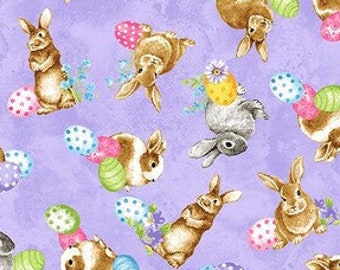 Half Yard - Lente is Haas Paashazen op Paars door Blank Quilting - Bunny Rabbits Eggs Cotton Fabric BTHY