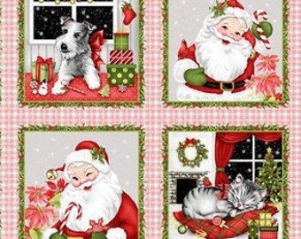 NEW! Panel - Candy Cane Lane Blocks by Studioe - Santa Claus Dogs Cats Pets Christmas Holiday Cotton Fabric Classic Retro Vibe!