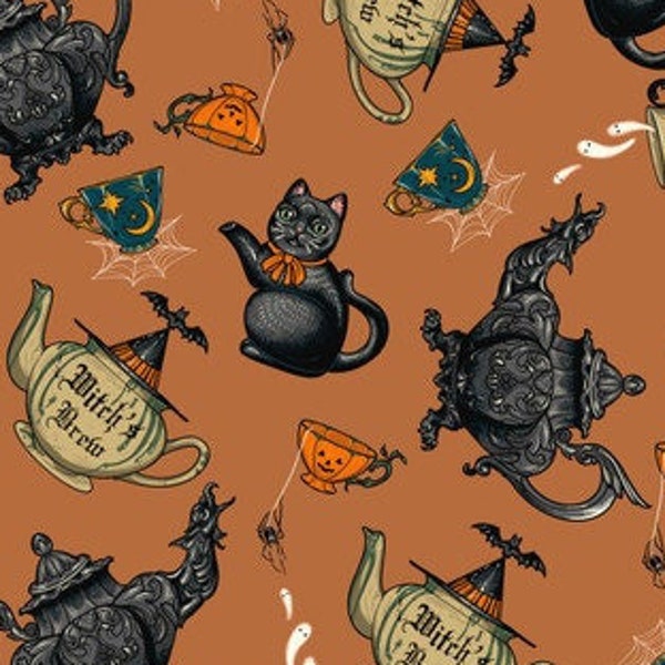 NEW! Half Yard  Storybook Halloween  Witch's Brew by FreeSpirit  Halloween Vintage Retro Vibe Teapots Teacups on Orange Cotton Fabric