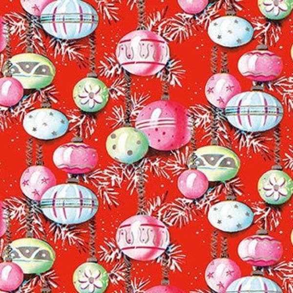 Half Yard  Retro Vintage Christmas Joys by Riley Blake  Ornaments on Red  Cotton Fabric