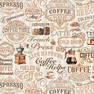 Può includere: Un motivo beige a tema caffè con vari elementi legati al caffè. Il design include tazze di caffè, chicchi di caffè, macinacaffè e testo come "Coffee Time" ed "Espresso". L'estetica generale è vintage e calda.