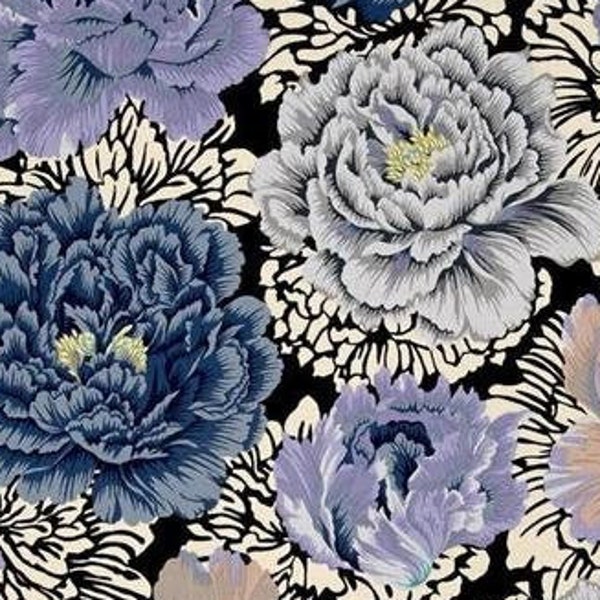 Half Yard Kaffe Fassett Collective Philip Jacobs Brocade Peony PJ62 in Gray by FreeSpirit Cotton Fabric Large Flowers Black and White