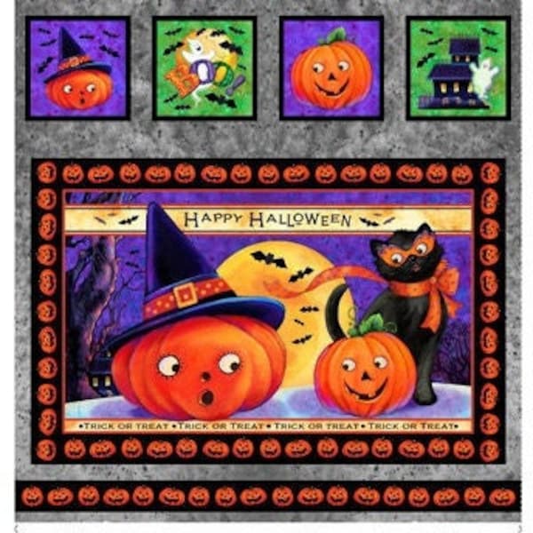 Panel  Tricks & Treats by Quilting Treasures  Retro Vintage Vibe Halloween Decor Wall Hanging Pumpkins Cats Cotton Fabric 24"x44"