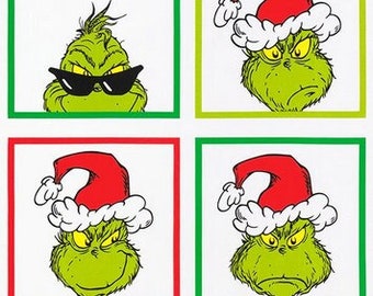 Panel - How the Grinch Stole Christmas Blocks by Robert Kaufman - Grinchmas Dr Seuss Character Kids Holiday Cotton Fabric 24"x44"