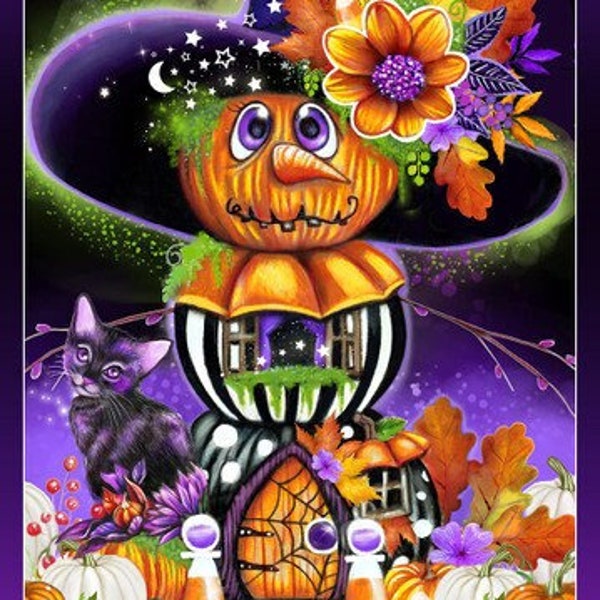 NEW! Panel - Hallowishes by Blank Quilting - Whimsy Halloween Pumpkin Scarecrow with Witch Hat Black Cat Cotton Fabric 24"x44"