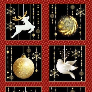 NEW! Panel  Jingle & Mingle by Blank Quilting 8 Blocks Christmas Ornaments Deer Doves Gold Metallic Cotton Fabric 24"x44"