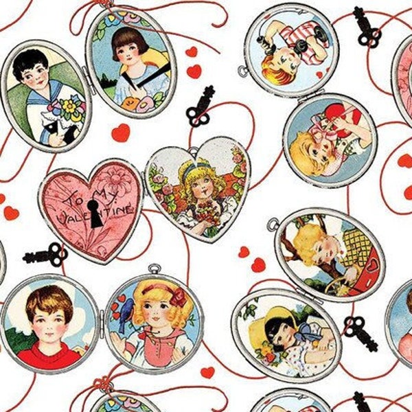 NEW! Half Yard - All My Heart Key to my Heart on White by Riley Blake - Retro Vintage Valentine's Day Lockets J. Wecker Frisch Cotton Fabric