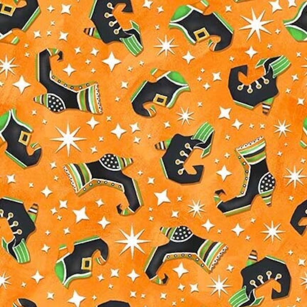 NEW! Half Yard  Nights of Olde Salem by Henry Glass  Halloween Glow in the Dark Witch Shoes Boots on Orange Cotton Fabric