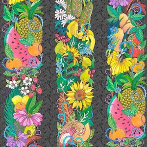 May include: A colorful fabric design featuring vertical stripes of various fruits and flowers. The design includes watermelons, pineapples, oranges, sunflowers, and other floral elements against a dark gray background. The pattern is detailed and vibrant.
