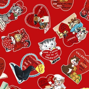Un demi-mètre - vintage Saint-Valentin par Michael Miller - Cartes rétro de voeux pour la Saint-Valentin sur tissu de coton rouge FREESHIP90
