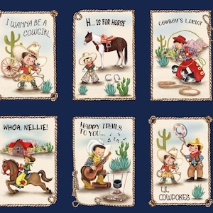 Pannello - Happy Trails L'il Cowhands Blocks Patches di Michael Miller Retro Vintage Western Cowboys Cavalli Rodeo Country Tessuto di cotone 22"x44"