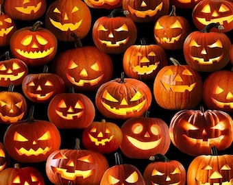 ¡NUEVO! Half Yard - Víspera de Todos los Santos de Timeless Treasures Halloween Calabazas brillantes realistas Jack-O-Lanterns Tela de algodón