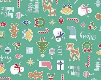 Half Yard - Cozy Christmas in Teal by Lori Holt - Riley Blake Retro Vintage Midcentury Christmas Cotton Fabric