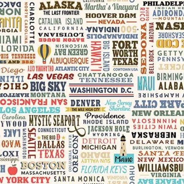 Half Yard - Destinations by Riley Blake - USA Text on Cream United States America Vacation Destination Cities Cotton Fabric