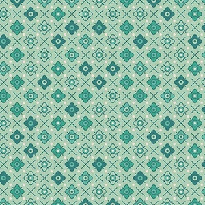 May include: A repeating pattern of teal and turquoise floral and cross designs on a light green background. The fabric design features small white dots and thin lines, creating a geometric and symmetrical pattern. This fabric is suitable for quilting and sewing projects.