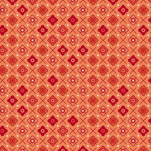 May include: Orange fabric with a repeating pattern of red and white floral and cross designs. The fabric has a warm, inviting color palette and a classic, geometric design. The pattern is evenly spaced and detailed.