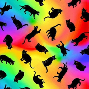 NEW! Half Yard - Wildcats Tossed Black Cats on Rainbow by Timeless ...