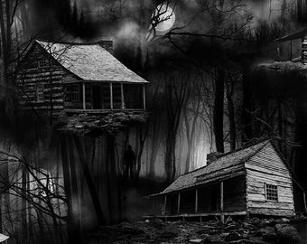 NEW! Half Yard - Wicked by Timeless Treasures - Grayscale Black Spooky Cabins in the Woods Halloween Cotton Fabric