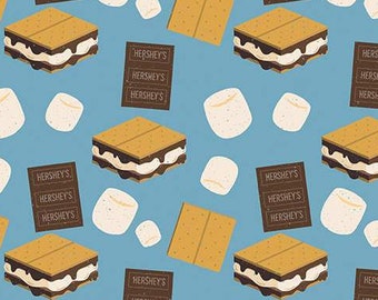 NEW! Half Yard  Camp S'mores Toss in Sky Blue by Riley Blake  Chocolate Candy Bars Hershey's Bars Smores Marshmallows Cotton Fabric