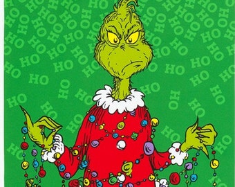 Panel - How the Grinch Stole Christmas by Robert Kaufman - Grinchmas on Green Dr Seuss Character Kids Holiday Book Cotton Fabric 24"x44"