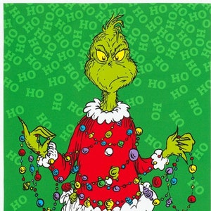 Panel How the Grinch Stola Christmas by Robert Kaufman - Grinchmas on Green Dr Seuss Character Kinder Urlaubsbuch Baumwollstoff 60x44 cm