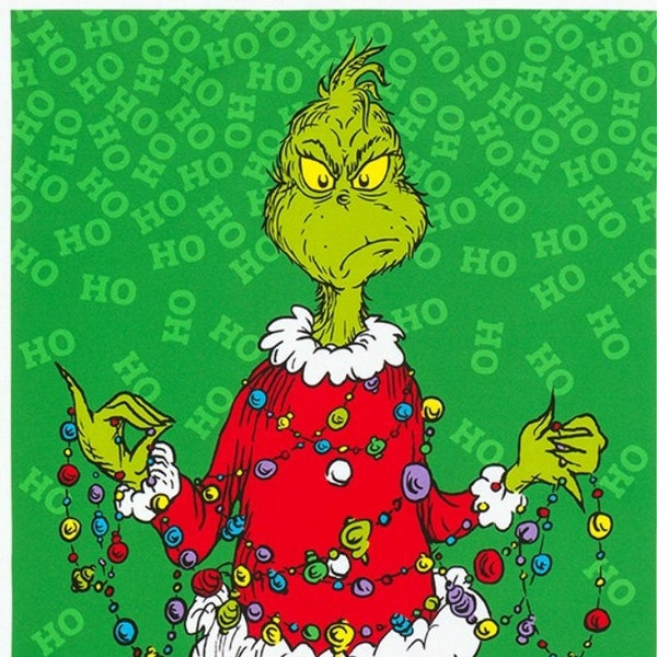 Panel - How the Grinch Stole Christmas by Robert Kaufman - Grinchmas on Green Dr Seuss Character Kids Holiday Book Cotton Fabric 24"x44"