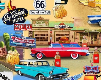 NIEUW! Half Yard - Route 66 Collage door tijdloze schatten - America's Highway Vintage Retro jaren '50 Auto's USA Kaart Benzinepompen Katoenstof