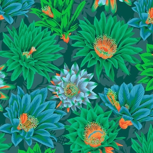 Half Yard Kaffe Fassett Philip Jacobs Cactus Flower PJ96 in Green Cotton Fabric by FreeSpirit Large Spring Summer Garden Flowers FREESHIP90