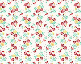 NEU! Half Yard Nana Mae 7 Rot & Creme Spaced Gänseblümchen Reproduktion Feedsack 1930er Jahre Calico Floral Klein Bedruckt 30er Jahre Baumwollstoff