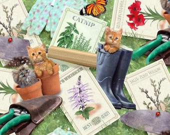 EOB 25"x44" Kittens in the Garden - Seed Packets by Henry Glass Adorable Kittens Cats Kitty Cats in Flower Pots Cotton Fabric