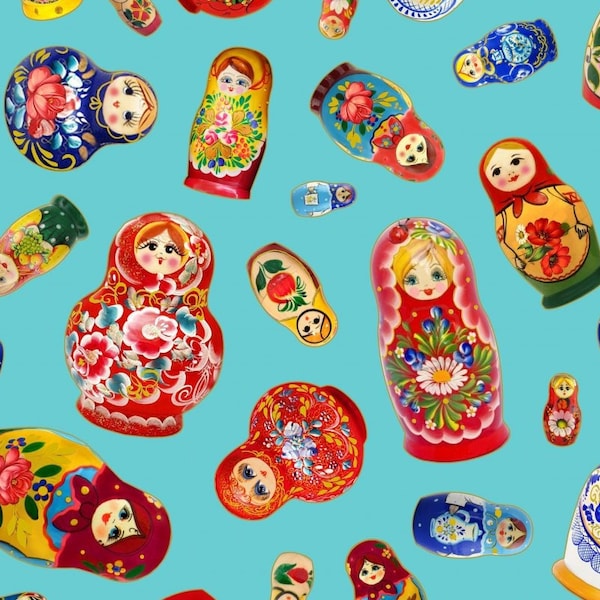 Half Yard Matryoshka Dolls Russian Nesting Dolls on Turquoise Elizabeth's Studio Gold Metallic Novelty Cotton Fabric