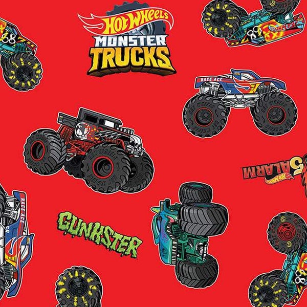 NEW! Half Yard  Hot Wheels Monster Trucks on Red by Riley Blake  Boys Girls Kids Toy Vehicles Trucks Monster Jam  Cotton Fabric