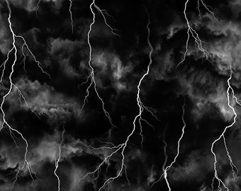 ¡NUEVO! Half Yard - Wicked by Timeless Treasures - Escala de grises Black Night Lightning Stormy Night Sky Spooky Halloween Cotton Fabric