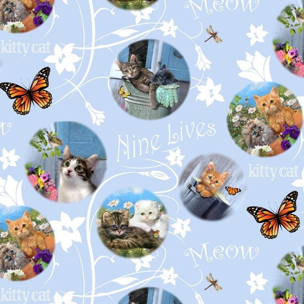 Mezzo cortile Gattini in giardino Cerchi e farfalle di Henry Glass Adorabili gattini Gatti Kitty 9 vite Tessuto di cotone