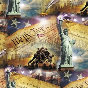 Mezzo metro - Noi, il popolo, Costituzione degli Stati Uniti, Memoriale di Iwo Jima, Statua della Libertà di David Textiles - Tessuto di cotone Patriotic America