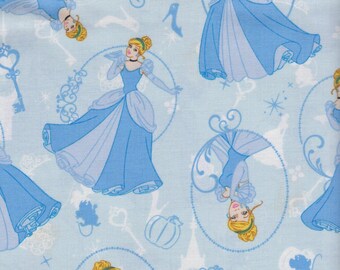 Half Yard - Disney Cinderella on Blue by Camelot Cottons - Princess Classic Movie Fairytale Girls Kids Cotton Fabric