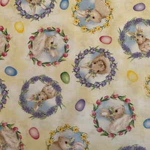 Half Yard - Hoppy Hunting Easter Bunnies on Yellow by Henry Glass - Bunny Rabbits in Frames Cotton Fabric BTHY FREESHIP90