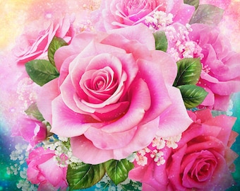 XL Panel - American Beauty Pink Roses by Oasis Fabrics - 60"x60" Roses Summer Spring Garden Fabric Cotton Panel - Quick Quilt Top or Backing