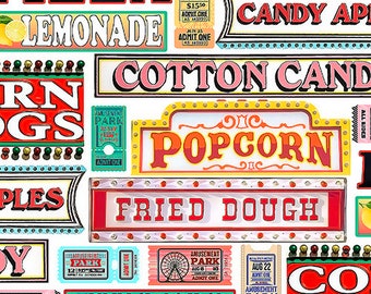 Half Yard Amazement Park  Retro Food Signs Roller Coaster Amusement Park Rides by 3 Wishes  Coney Island Digital Cotton Fabric