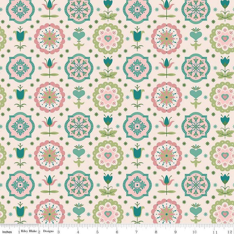 May include: A seamless pattern featuring a repeating design of pink, green, and teal floral motifs on a white background. The pattern is made up of stylized flowers, leaves, and geometric shapes.