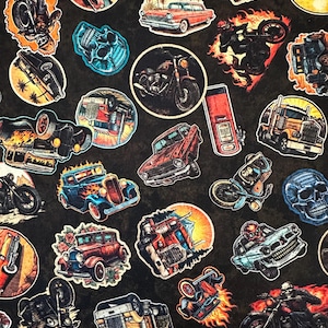 NEW! Half Yard - Heavy Metal by Quilting Treasures Stickers Classic Vintage Antique Muscle Cars Motorcycles on Black Man Cave Cotton Fabric