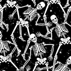 Half Yard  Halloween Spirit Skeleton Crew in Black  by Benartex  Glow in the Dark Retro Vibe  Cotton Fabric FREESHIP90