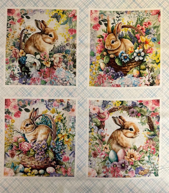 NEW! Panel - Basket Full of Blessings Easter Bunny Blocks by Henry