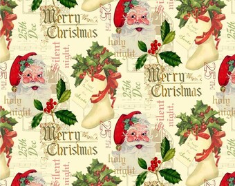 NEW! Half Yard - Christmas Memories by Timeless Treasures - Retro Vintage Christmas Santa Claus Faces Merry Christmas Words Cotton Fabric