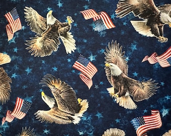 ¡NUEVO! Medio metro - Águila del Espíritu Americano y Bandera en Azul Marino de Quilting Treasures USA Tela de Algodón Patriótica de Valor